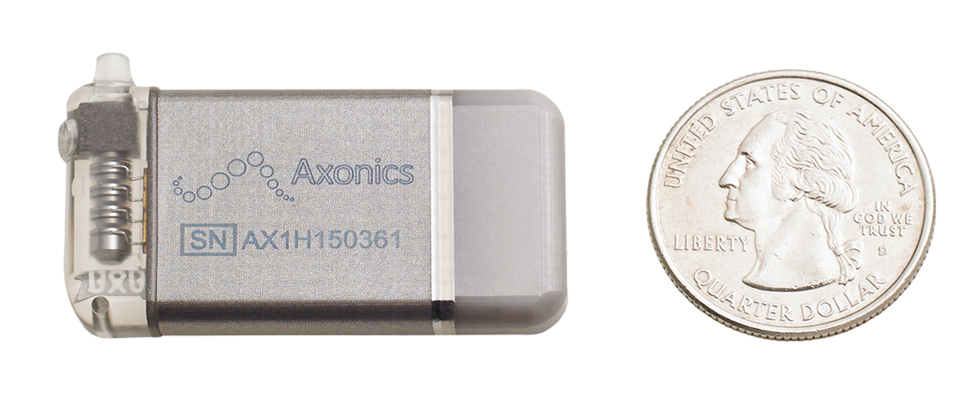 The Axonics® System equivalent in size to a quarter
